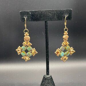 Czech Glass Hand Stitched Beaded Dangle Pierced Earrings